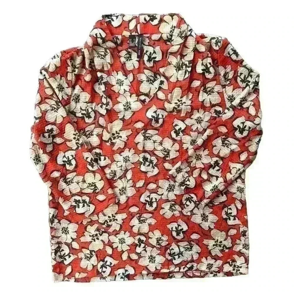 MNG Collection Red/Tan Floral Sheer 3/4 Sleeves V-Neck Top Blouse Size Small